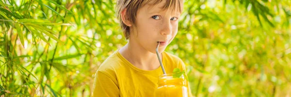 少年はガラス製のメイソンジャーでマンゴーからジューシーなスムージーを飲む。健康的なライフコンセプト、コピースペース｜バナー、ロングフォーマット — ストック写真