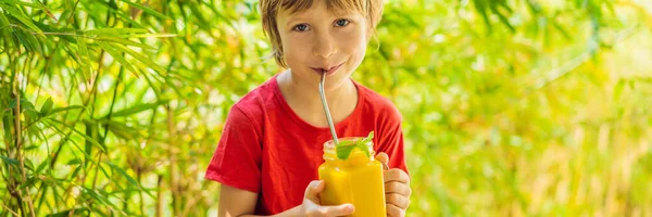 Boy drinking juicy smoothie from mango in glass mason jar. Healthy life concept, copy space BANNER, LONG FORMAT