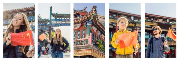 Set of template stories format. Enjoying vacation in China. Tourists with national chinese flag on the background of the old Chinese street. Travel to China concept