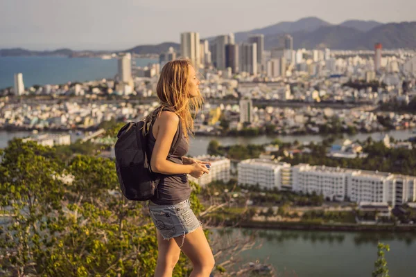 Woman tourist on the background of Nha Trang city. Travel to Vietnam Concept — Stock Photo, Image