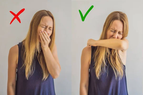 Comparación entre la forma incorrecta y correcta de estornudar para prevenir la infección por el virus. Mujer caucásica estornudando, tosiendo en su brazo o codo para prevenir la propagación Covid-19, Coronavirus — Foto de Stock