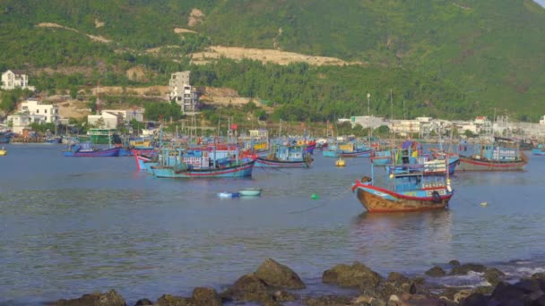 Багато великих рибацьких човнів у порту Азії. Риболовецька концепція — стокове відео