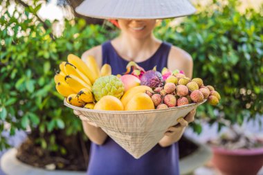 Vietnam şapkasındaki çeşitli meyveler. Vietnam şapkalı kadın.