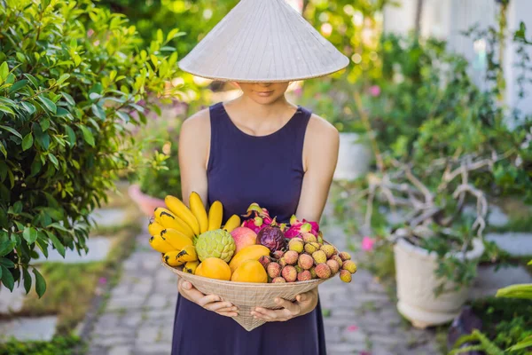 Vietnam şapkasındaki çeşitli meyveler. Vietnam şapkalı kadın. — Stok fotoğraf