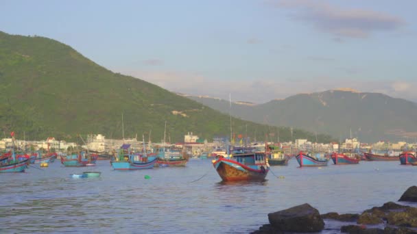 Veel grote vissersboten in de haven in Azië. Begrip overbevissing — Stockvideo