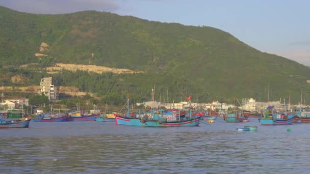 Veel grote vissersboten in de haven in Azië. Begrip overbevissing — Stockvideo