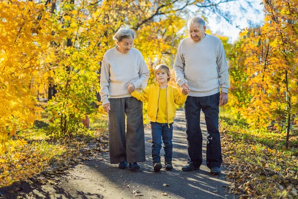 El coronavirus ha terminado. La cuarentena se debilitó. Quítate la máscara. Ahora puedes conocer abuelos - abuela y abuelo. Pareja mayor con nieto en el parque de otoño. Abuela, genial. —  Fotos de Stock