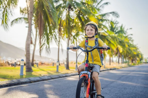 Aktivní školák v bezpečnostní helmě na kole s batohem za slunečného dne. Šťastné dítě na kole na cestě do školy. Bezpečný způsob pro děti venku do školy — Stock fotografie