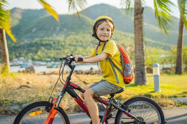 Active school kid boy in safety helmet riding a bike with backpack on sunny day. Happy child biking on way to school. Safe way for kids outdoors to school
