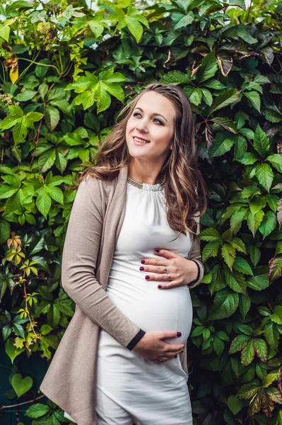 Una giovane donna incinta in piedi sulla siepe, con la pancia in mano. donna incinta che si rilassa nel parco . — Foto Stock