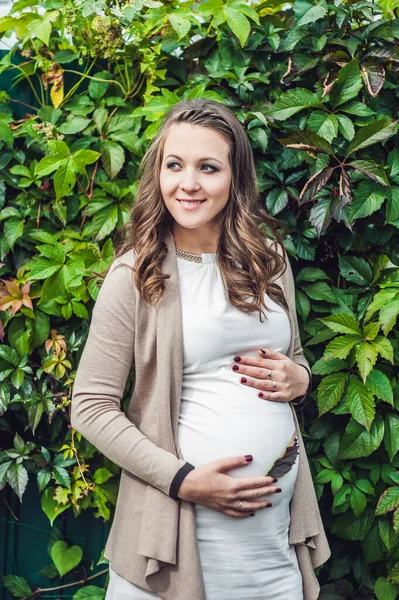 Una giovane donna incinta in piedi sulla siepe, con la pancia in mano. donna incinta che si rilassa nel parco . — Foto Stock