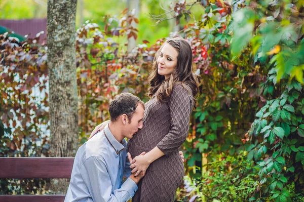 Μια έγκυος νεαρή γυναίκα και ο σύζυγός της. Μια ευτυχισμένη οικογένεια στέκεται στο κόκκινο φθινόπωρο φράχτη, μελλοντικός πατέρας ακούγοντας ότι στην κοιλιά. έγκυος γυναίκα χαλαρώνοντας στο πάρκο. — Φωτογραφία Αρχείου