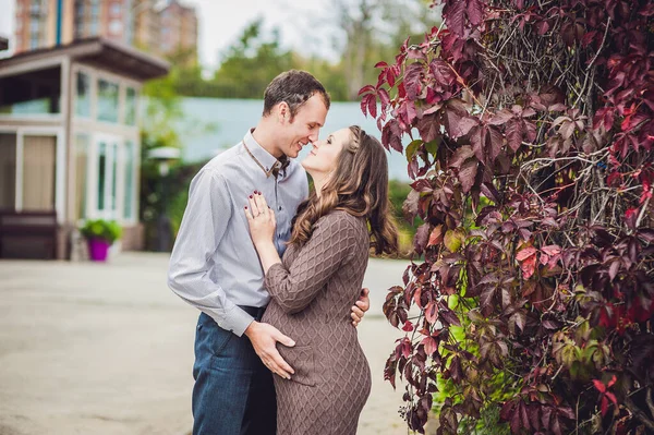 Μια έγκυος νεαρή γυναίκα και ο σύζυγός της. Μια ευτυχισμένη οικογένεια στέκεται στον κόκκινο φθινοπωρινό φράχτη, κρατώντας την κοιλιά. έγκυος γυναίκα χαλαρώνοντας στο πάρκο. — Φωτογραφία Αρχείου