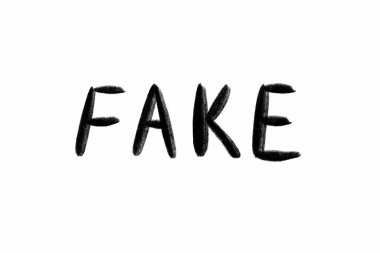 Sahtekar. El yazısıyla yazılmış, beyaz harflerle izole edilmiş. Coronovirus COVID 19 konsepti