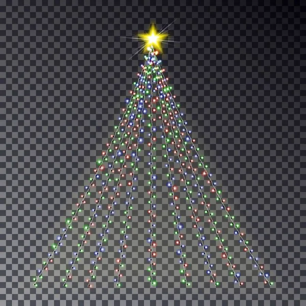 Arbre clair de Noël avec guirlande isolée sur fond sombre. C — Image vectorielle