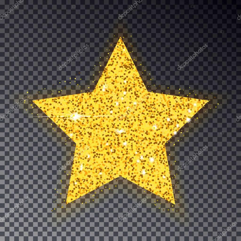 Gold Christmas star. Big golden star for fir tree. Sparkle with many little circle, with light effect isolated on blue background. Vector illustration.