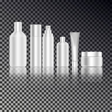 Sıvı, krem, jel, losyon kozmetik ayarla şişe. Cilt bakım ürün paketi. Mockup şişe ve koyu arka plan üzerinde izole şeffaf yansıması ile tüp. Gerçekçi beyaz 3d illüstrasyon vektör.