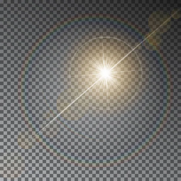 Luce solare vettoriale trasparente con bokeh isolato su sfondo scuro. Stella splendente sull'anello magico. Effetto luce dei raggi solari. Illustrazione vettoriale starburst . — Vettoriale Stock