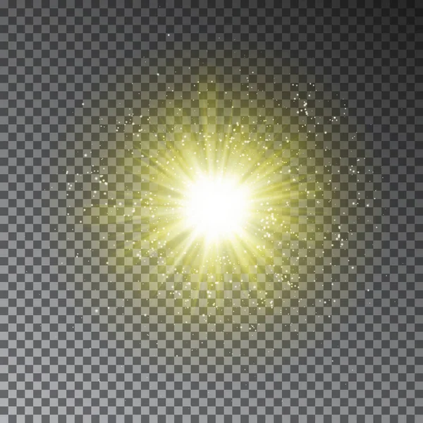 Geel ontploffen effect. Gloeiende transparant licht glitter effect geïsoleerd op donkere achtergrond. Magische gloed mousserend. Sterren stof vonken lichteffect in explosie. Vectorillustratie. — Stockvector