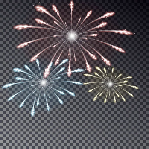 Fogos de artifício transparentes festivos ilustração isolada em fundo escuro. Fogo de artifício de luz efeito para cartão, cartaz. Ilustração vetorial . — Vetor de Stock