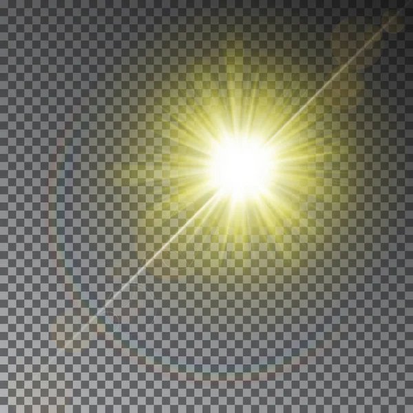Световой эффект желтых лучей солнца с радугой, изолированной на прозрачном фоне. Теплая блестящая звезда на волшебном кольце. Реалистичный эффект солнечных лучей. Векторная иллюстрация Starburst . — стоковый вектор