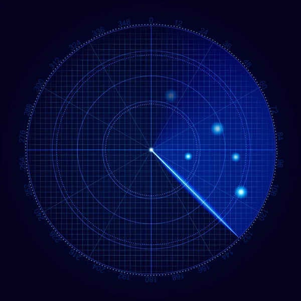 Realistic vector radar in searching . Air search . Military search system blip illustration . Navigation interface wallpaper . Navy sonar. — Stock Vector