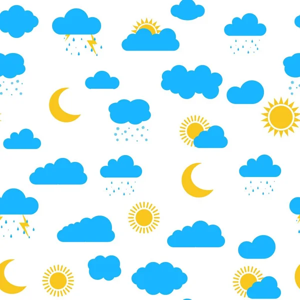 Seamless pattern with clouds, sun, moon, snow, raining and storm isolated on white background. Blue weather Vector illustration, cute clouds. — Stock Vector