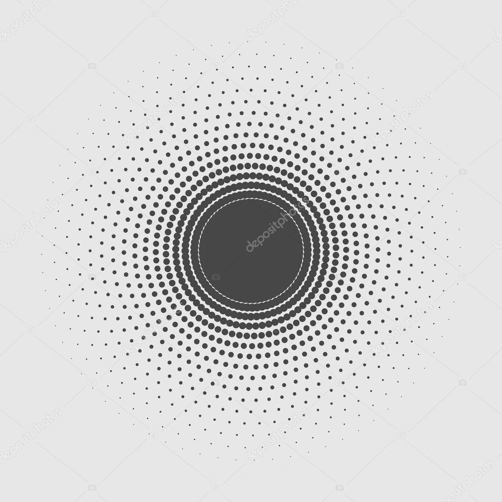 Black abstract vector circle isolated on gray background, halftone dots design element. trendy flat texture. Vector illustration.