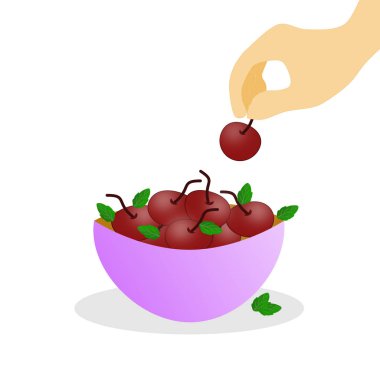 Yaprakları ile mavi bir kase kiraz