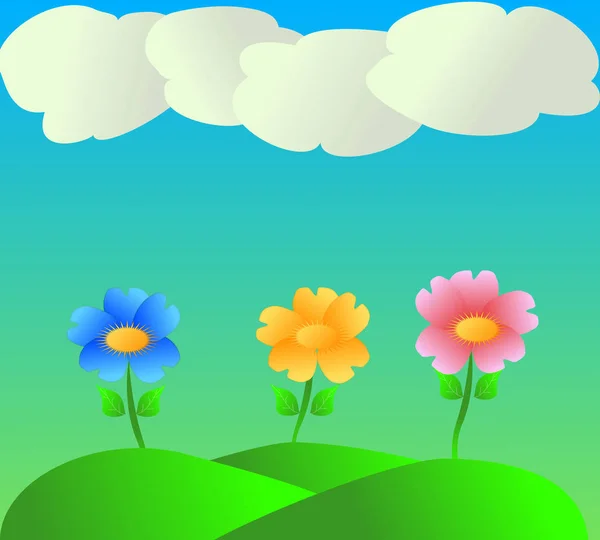 Flores con cielo y nubes — Vector de stock