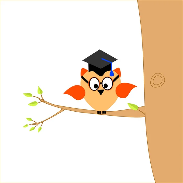 Une chouette sur une branche d'arbre avec une casquette de graduation et du texte — Image vectorielle