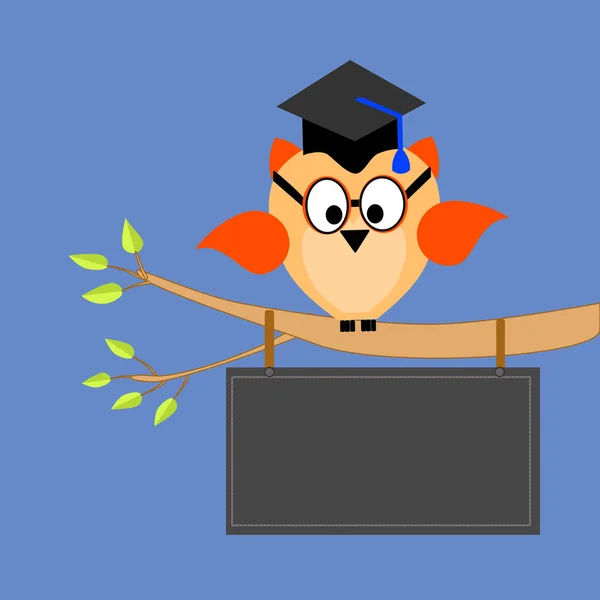 Uma coruja em um ramo de uma árvore com um boné de graduação e texto —  Vetores de Stock