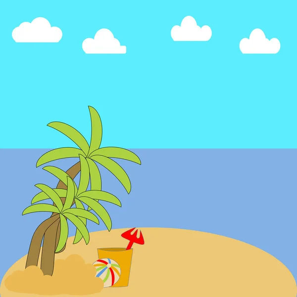 Umas férias em uma praia com palmeiras, oceano, céu e nuvens — Vetor de Stock