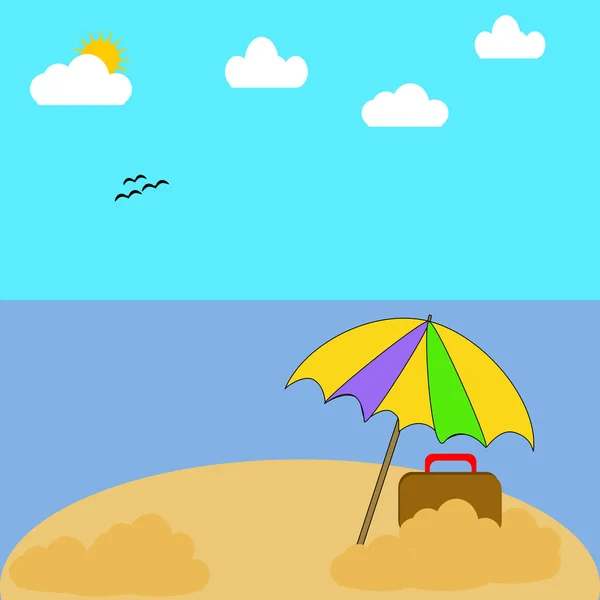 Umas férias em uma praia com palmeiras, oceano, céu e nuvens — Vetor de Stock