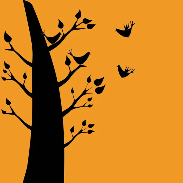 En siluett av fåglar som sitter på grenarna i ett träd — Stock vektor