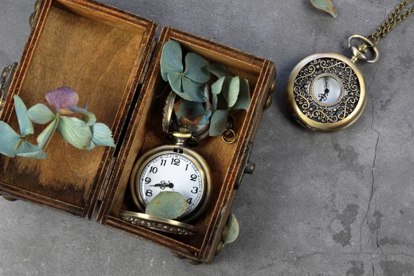 Vida de enfermedad de reloj de bolsillo y flores de hortensias secas — Foto de Stock