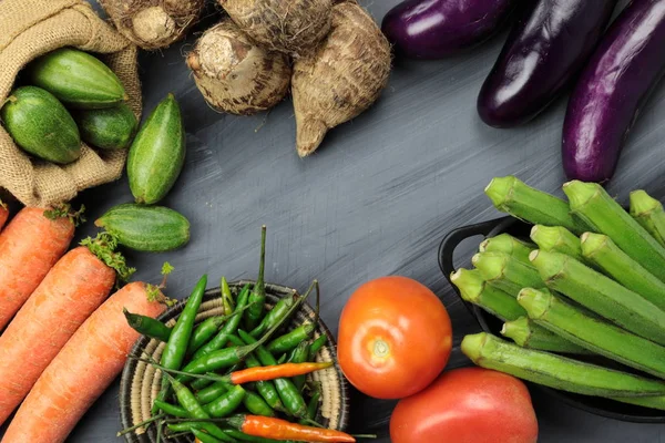 Indian vegetables of Tomatoes, carrots, Yams, Pointed gourd, Gre