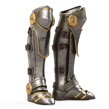Iron fantasy high boots knight armor isolated on white background. 3d illustration Stock Photo Pit3d 141518914
