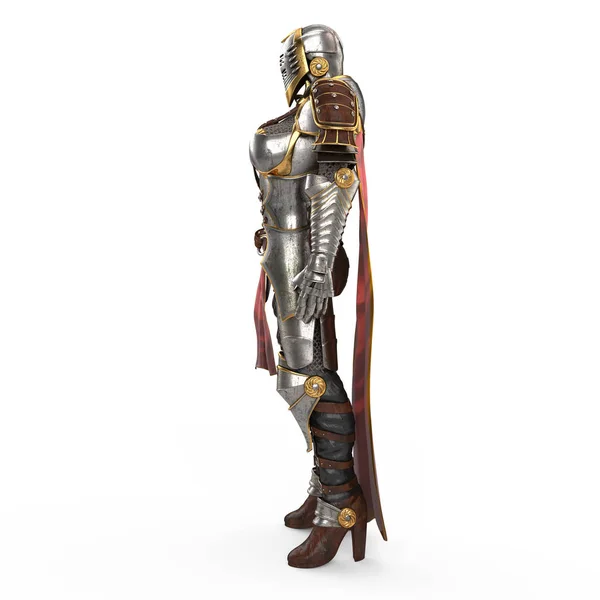 Medieval armor of fantasy full of women with a closed helmet and red cape. isolated white background. 3d illustration — Stock Photo, Image
