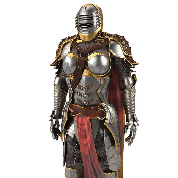 Armure médiévale de fantaisie pleine de femmes avec un casque fermé et cape rouge. fond blanc isolé. Illustration 3d — Photo