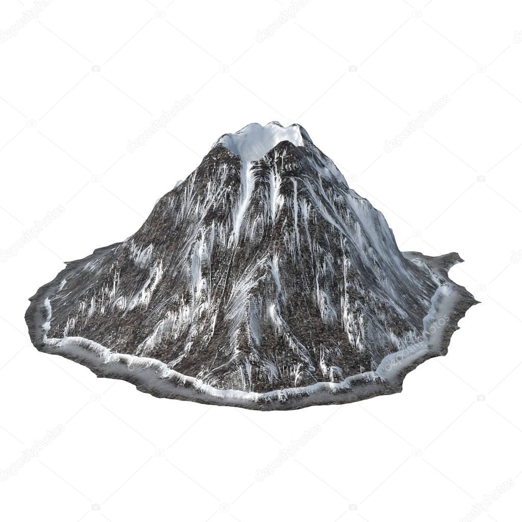 snowy volcano on an isolated white background .3d illustration, rendering