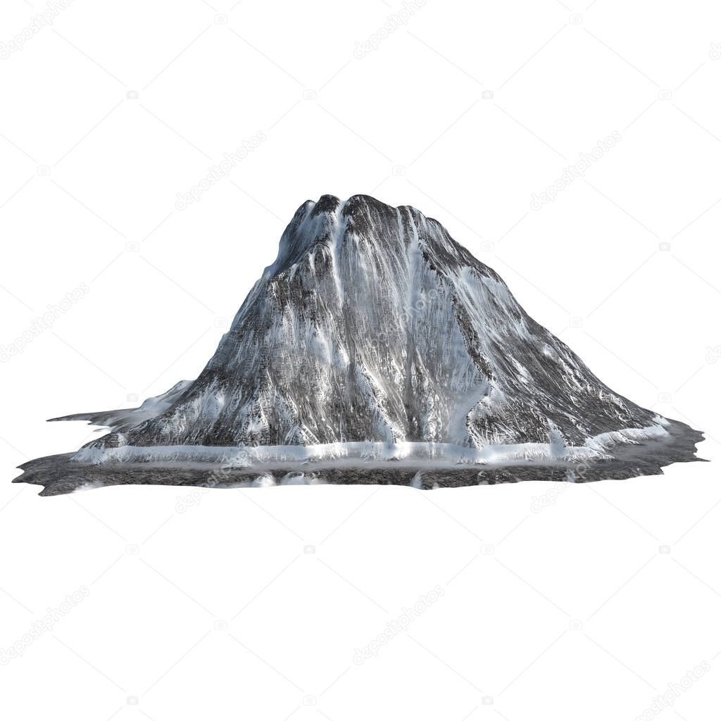 snowy volcano on an isolated white background .3d illustration, rendering
