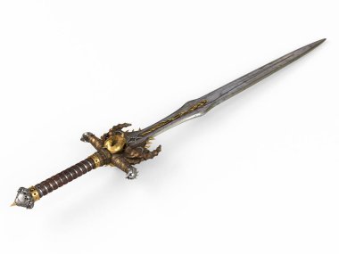 Bir fantezi uzun kılıç, izole beyaz arka planda bir kafatası ve altın ile. 3d illüstrasyon