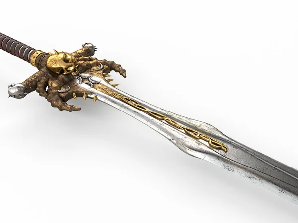 Egy fantázia hosszú kard, egy koponya és arany egy elszigetelt fehér háttér. 3d illusztráció — Stock Fotó