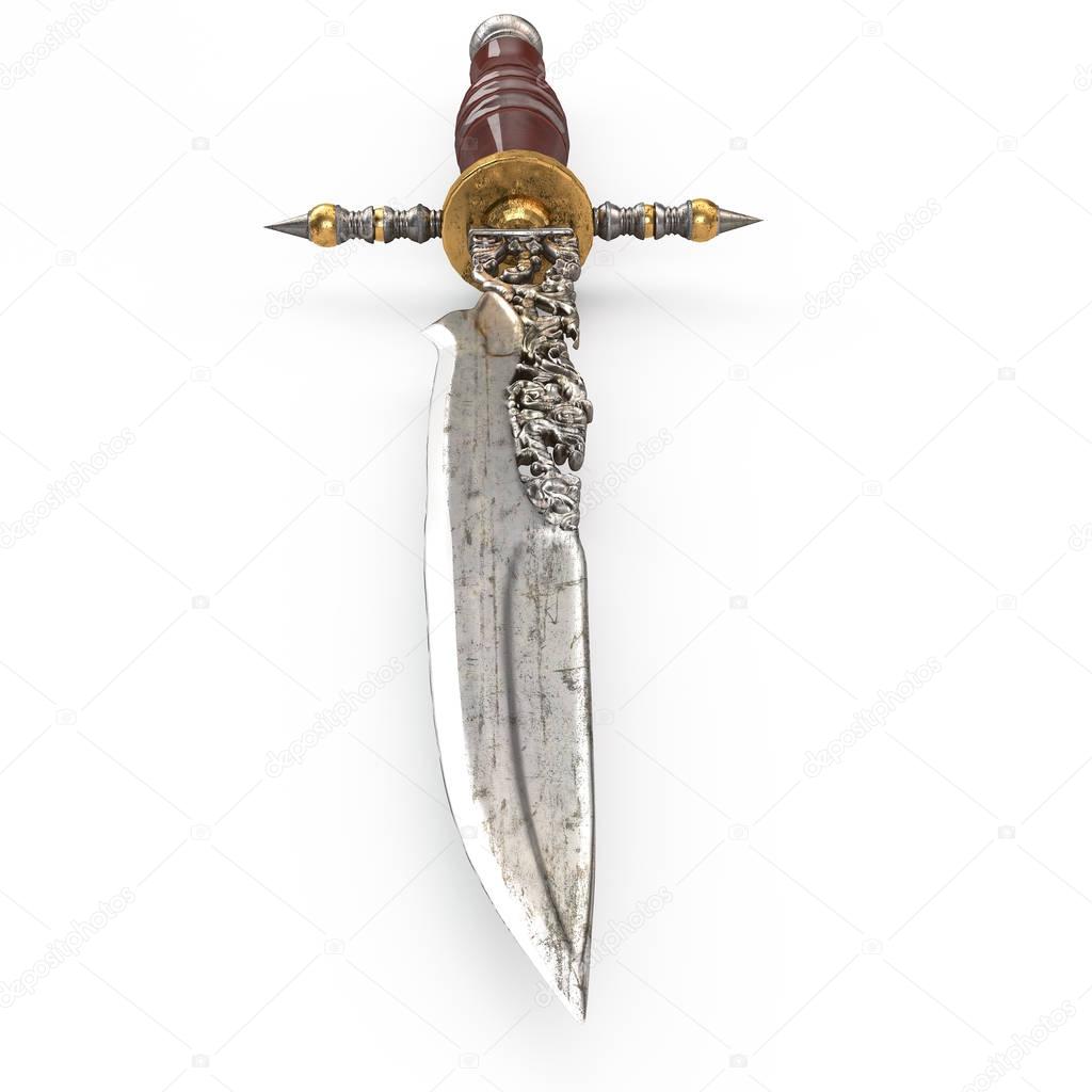 Old dagger vintage carved rare and collectible isolated on white. 3d illustration