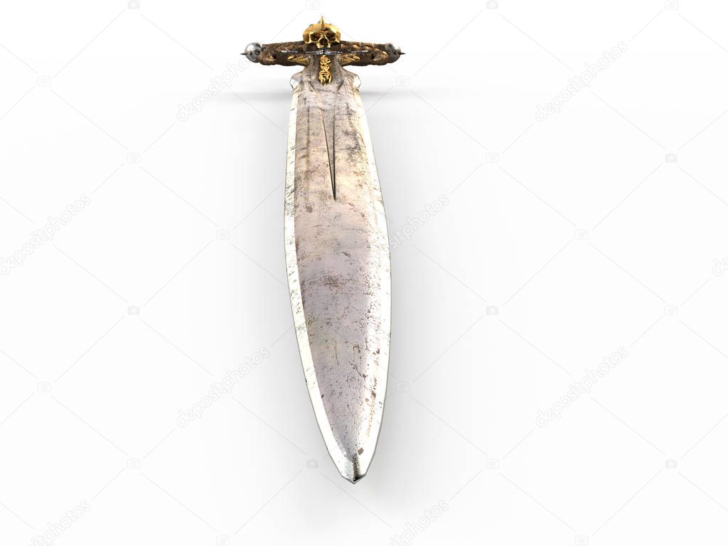 A fantasy long sword, with a skull and gold on an isolated white background. 3d illustration