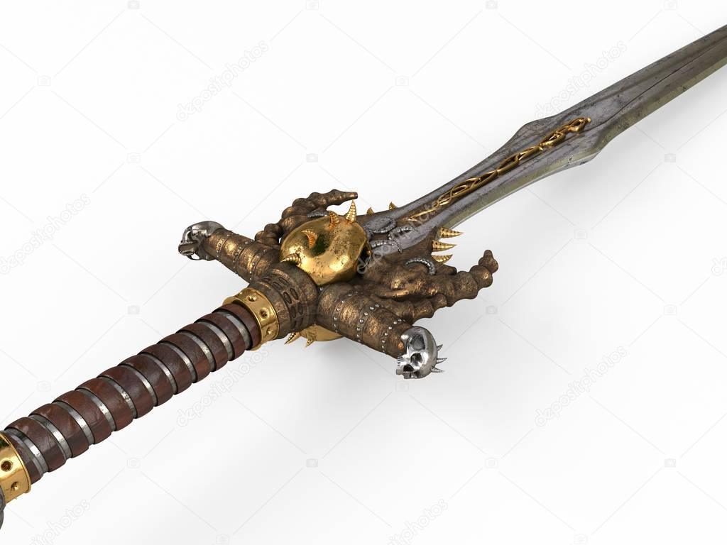 A fantasy long sword, with a skull and gold on an isolated white background. 3d illustration