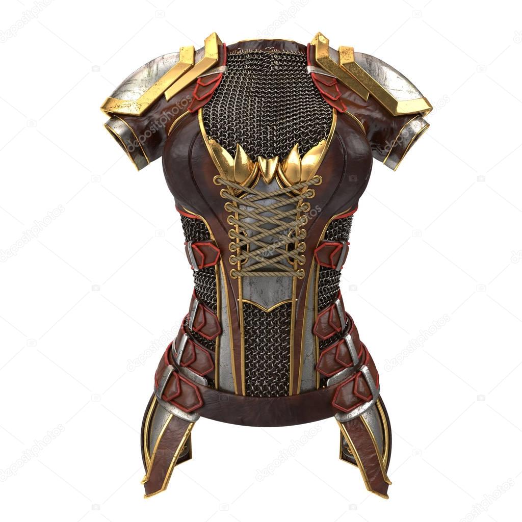 Female armor on the body with chain mails on an isolated white background. 3d illustration