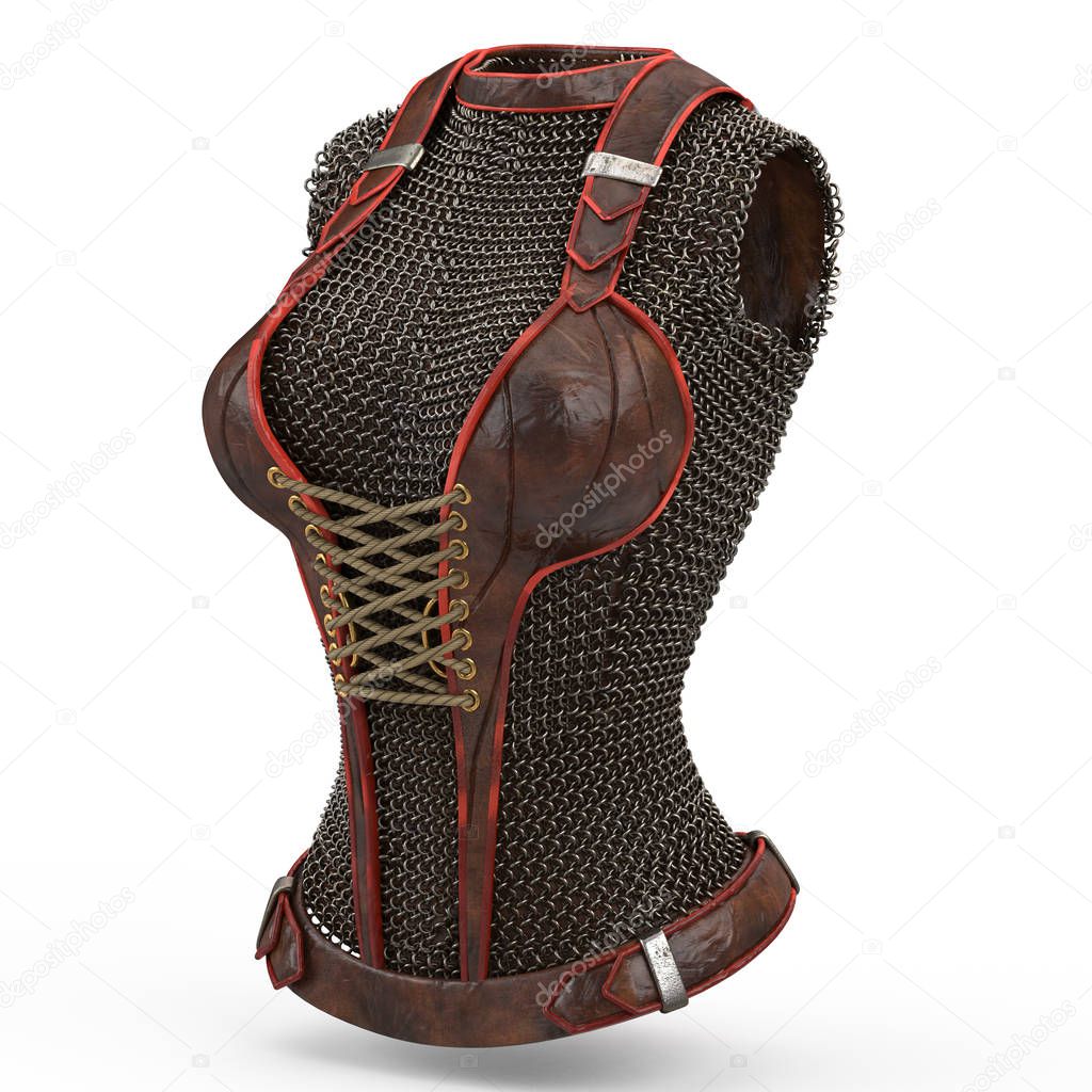 Female chain armor made of metal on isolated white background. 3d illustration