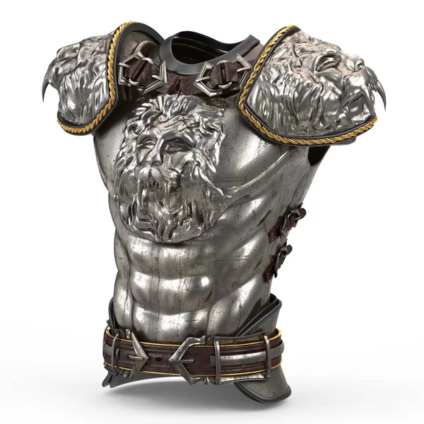 Middeleeuwse armor op het lichaam in de stijl van een leeuw met grote schoudervullingen op een afgelegen witte achtergrond. 3D illustratie — Stockfoto